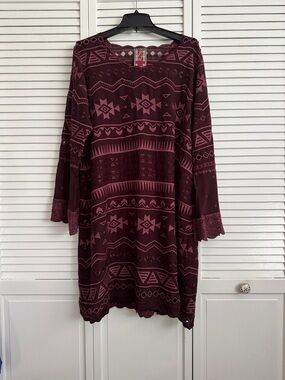 Johnny Was Maroon Patterned Long Sleeve Tunic Dress